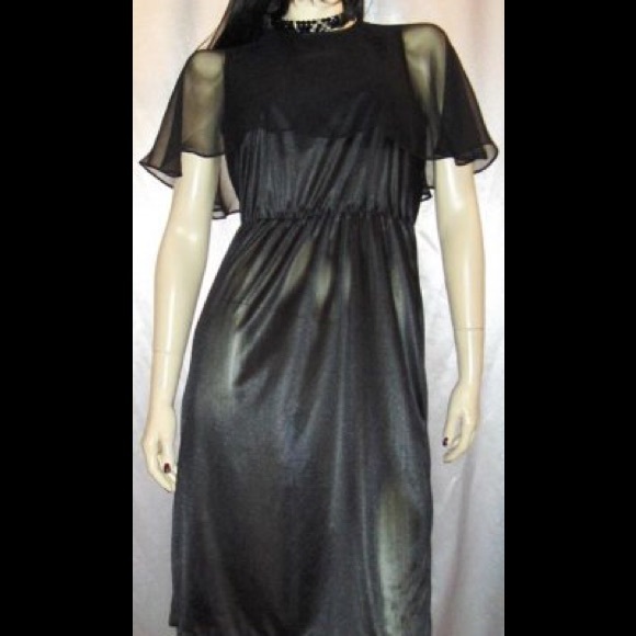 WICKED GOTH GLAM Sheer Black VTG 70s Disco Dress - Picture 5 of 5